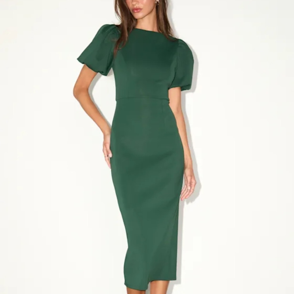 Lulus Simply Beloved Hunter Green Puff Sleeve Bodycon Midi Dress
